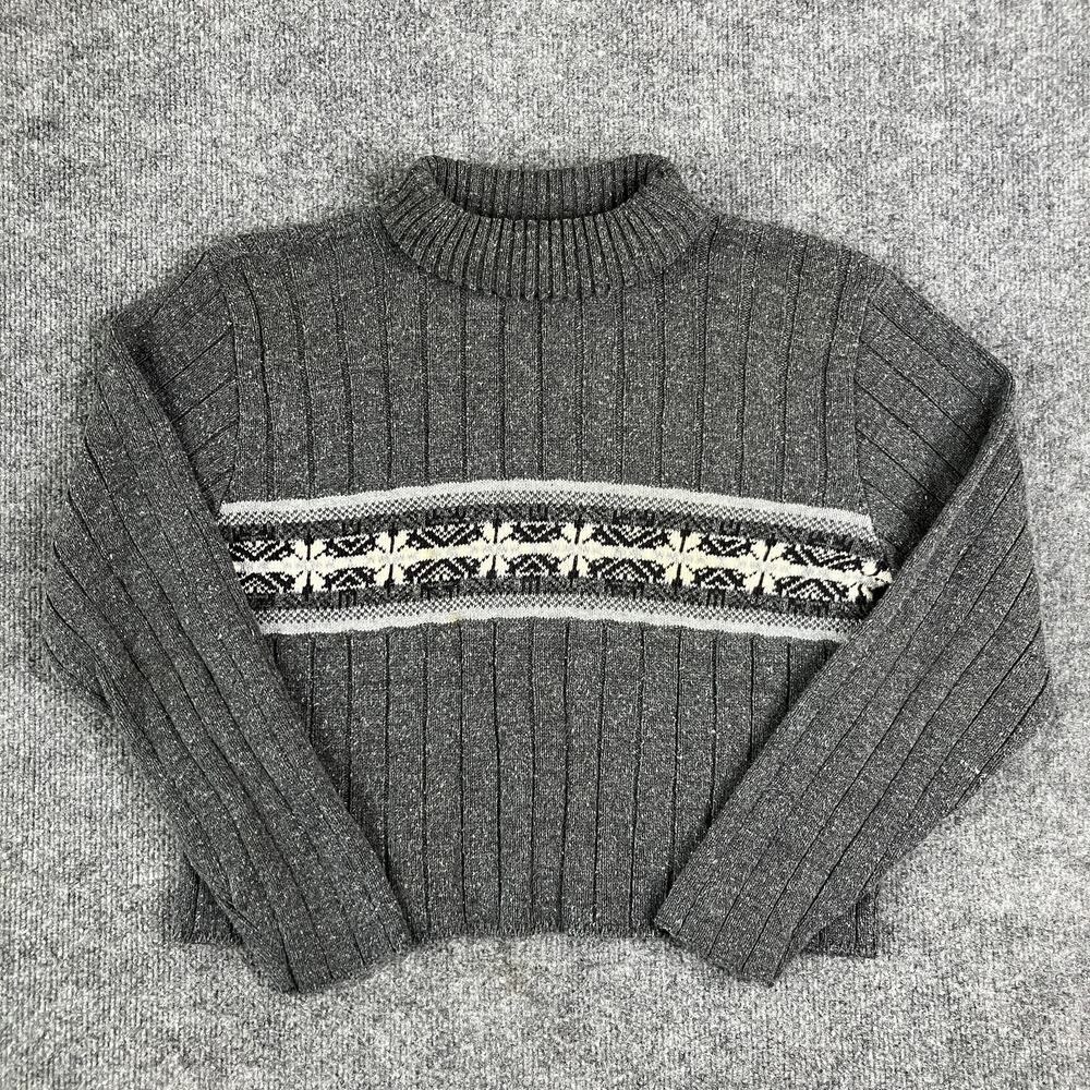 It's Our Time Women's Sweater M Gray Ribbed Knit Turtleneck Fair Isle Vintage